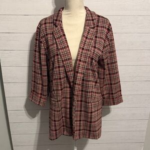 Maurices Burgundy and Pink Plaid Open Blazer